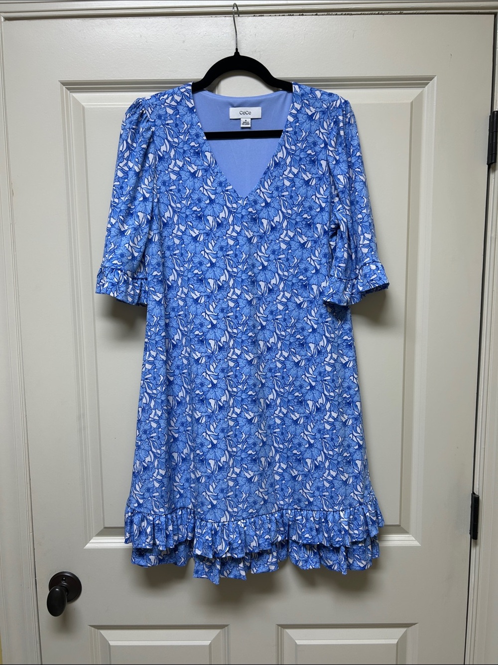 CeCe Blue Floral V-Neck Ruffle Hem Dress